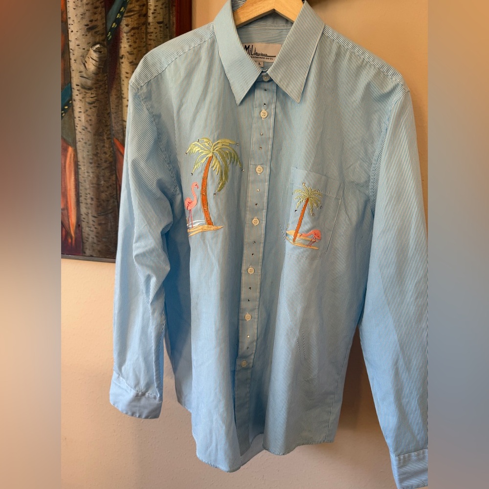 Vtg Mili Designs Tropical Embroidered Blue Striped Button Down Shirt Women L